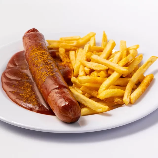 Eine Currywurst mit Pommes und Soße vor weißem Hintergrund