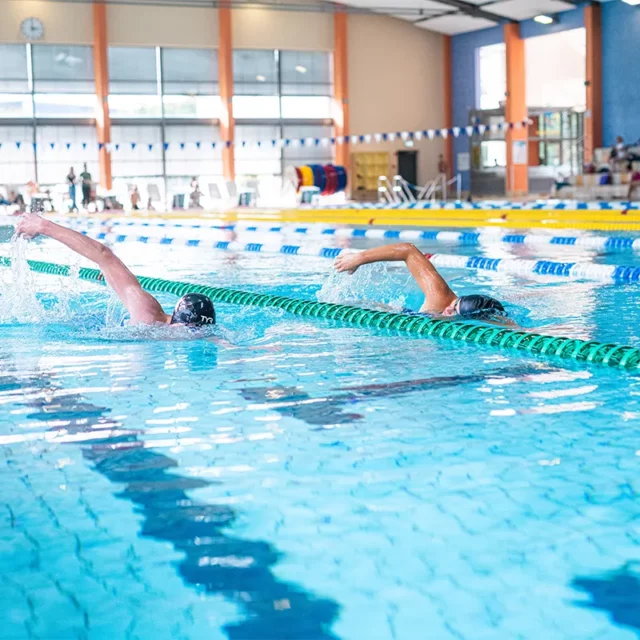 Zwei Schwimmer während Sie parallel im Becken kraulen.